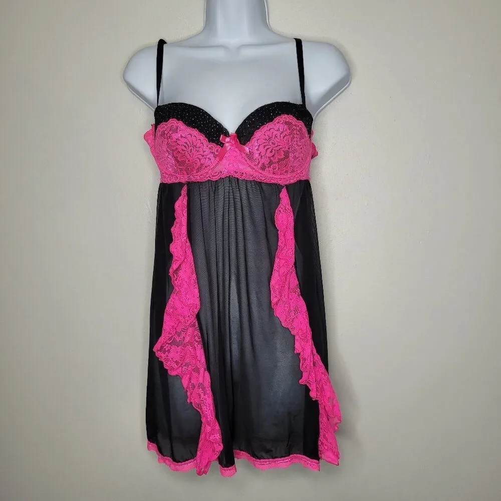 Native Intimates pink black semi sheer lace ruffle bimbocore scene queen bra 36b